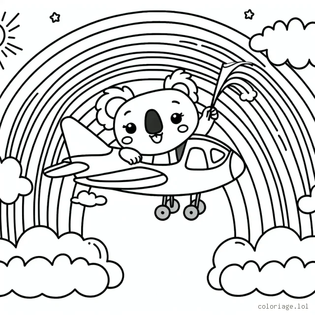 Un avion s'envole dans le ciel ensoleillé, au-dessus d'un arc-en-ciel vibrant avec une bande de nuages espiègles. Le pilote, un koala amical, salue de la fenêtre.