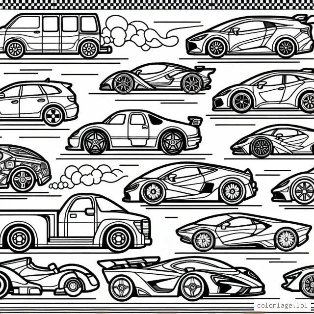Imagine une course passionnante de voitures de différentes formes et tailles. Il y a des voitures de sport rapides, des camionnettes robustes, des voitures anciennes élégantes et même des véhicules futuristes. Ils sont tous en position de départ, prêts à rugir sur la piste. Mais ils ont besoin de couleur pour vraiment se démarquer. Peux-tu les aider?