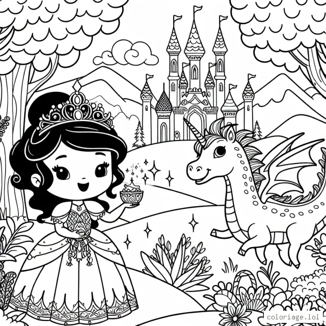 Un royaume enchanté avec une princesse joyeuse, un dragon amical et une licorne scintillante dans une forêt magique