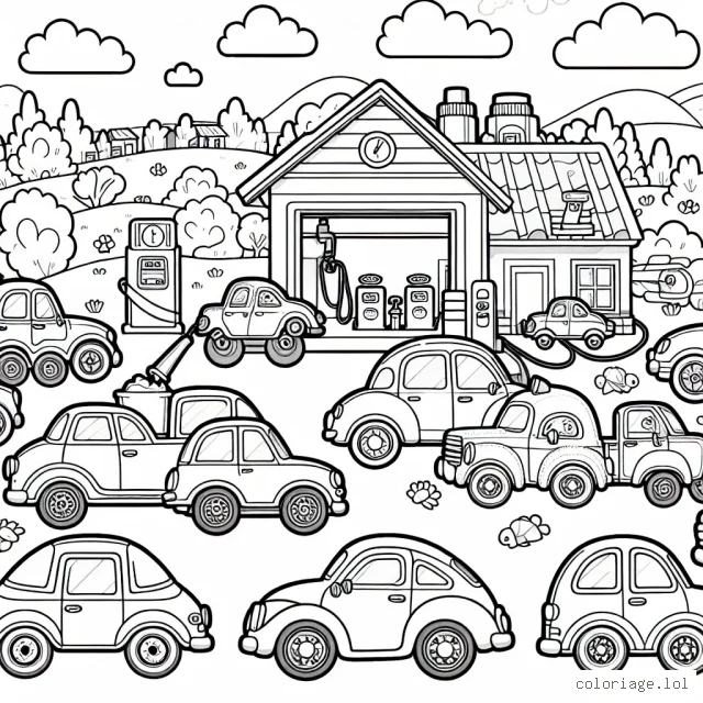 Imagine une scène animée et joyeuse où plusieurs voitures de différentes formes et tailles sont garées dans une station service au milieu d'un paysage pittoresque. N'oublie pas d'inclure des détails comme les phares, les roues, les plaques d'immatriculation et même certains personnages amusants à l'intérieur des véhicules.