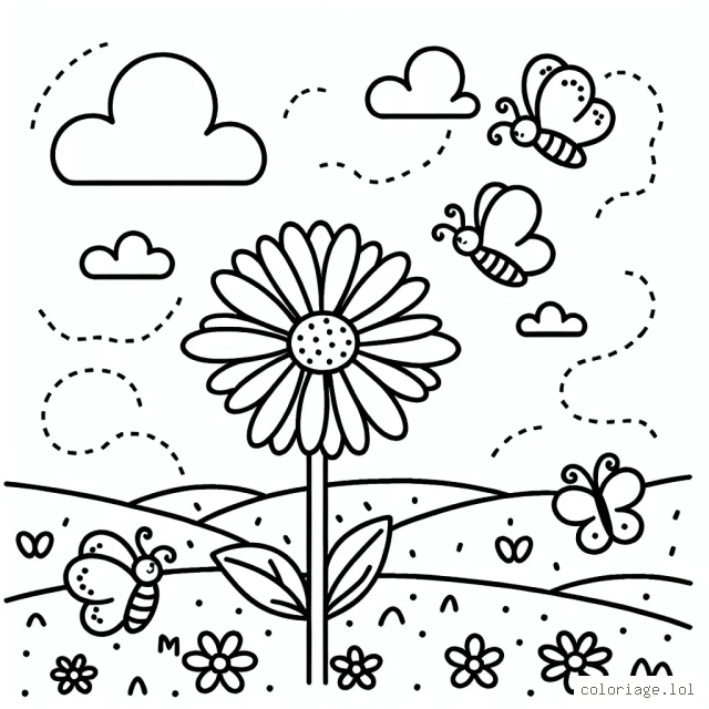 Trois petits papillons qui volent autour d'une grande marguerite sous un ciel bleu éclatant