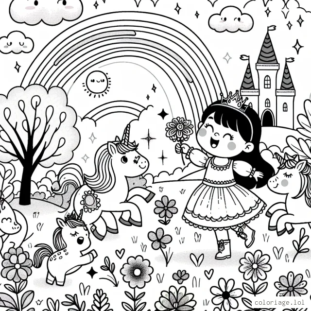 Une petite princesse joue avec des animaux magiques dans un jardin fleuri sous le regard bienveillant d'un arc-en-ciel et d'un château féerique au loin.