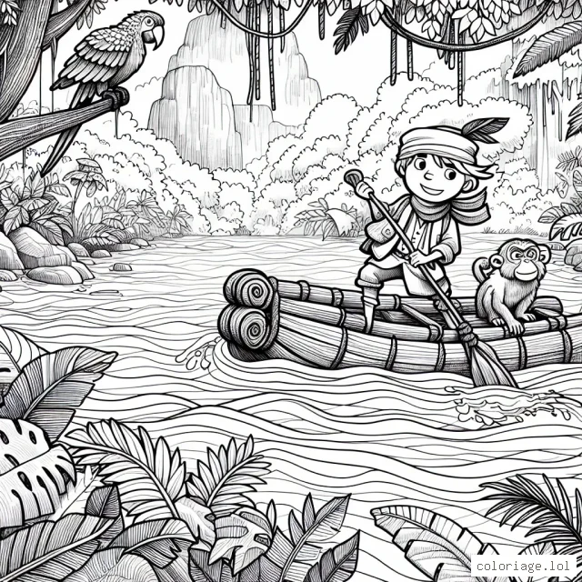 Un jeune explorateur courageux navigue sur une rivière mystérieuse dans la jungle épaisse, à bord de son radeau artisanal, avec ses fidèles compagnons : un perroquet audacieux et un singe espiègle. Il y a des trésors cachés à découvrir et des créatures fascinantes à rencontrer !