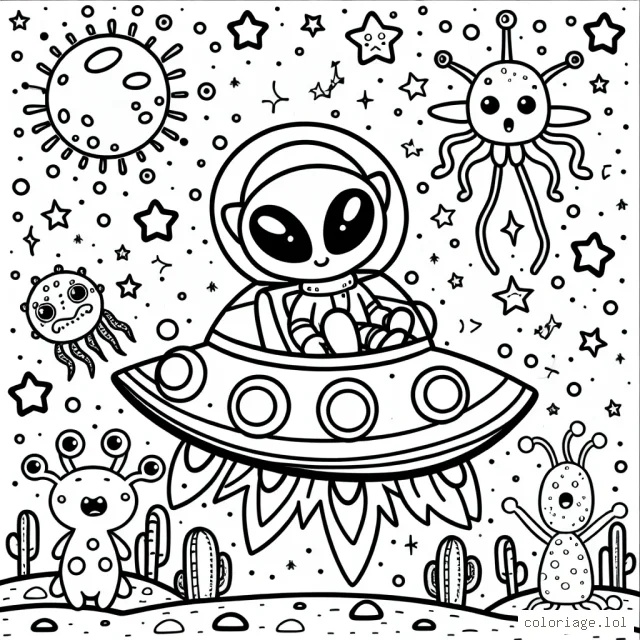 Un gentil extraterrestre explorateur voyage à travers l'espace stellaire à bord de son vaisseau spatial coloré, atterrit sur une planète inconnue peuplée de créatures adorables et étranges.