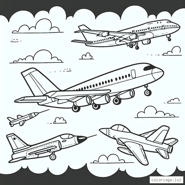 Avec ce dessin en noir et blanc, les enfants peuvent découvrir les différents types d'avions. Ils peuvent colorier un avion de ligne, un avion de chasse et un avion à hélice. A eux de choisir les couleurs de l'avion et du ciel pour créer une scène de vol dynamique.
