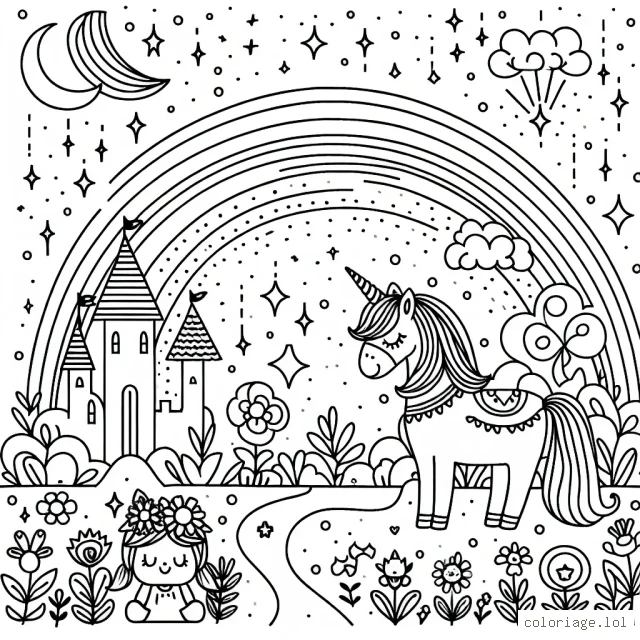 Il était une fois une licorne magique qui vivait dans un royaume de conte de fées parmi les arcs-en-ciel et les étoiles filantes.