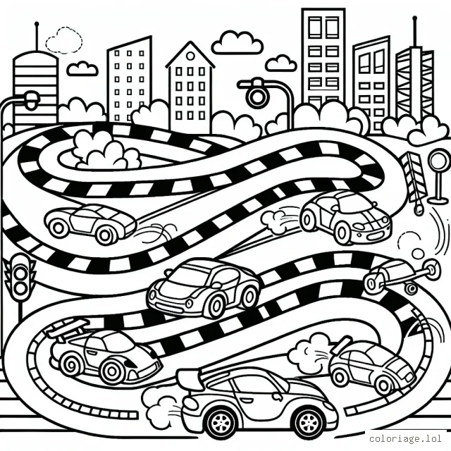 Imagine et colorie une course trépidante avec des voitures de différentes formes et tailles. N'oublie pas d'ajouter des détails comme les routes sinueuses, les feux de signalisation et les bâtiments environnants.