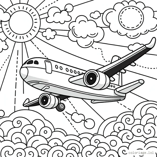 Imagine un avion traversant le ciel ensoleillé, dessine-le en détail avec des nuages flottants autour. N'oublie pas d'ajouter des détails comme les ailes, les moteurs et la carlingue de l'avion!