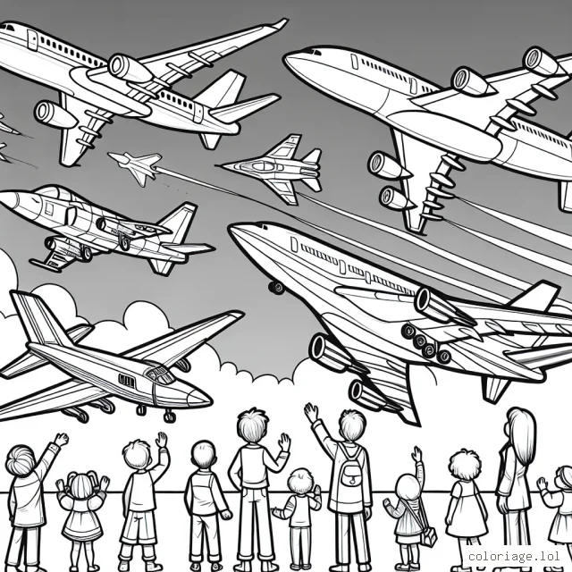 Des avions de multiple types planent dans le ciel pendant que des enfants les regardent avec fascination. Il y a un avion de ligne, un avion de chasse et un avion de voltige.