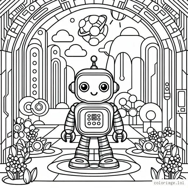 Un robot amical dans un jardin techno-futuriste