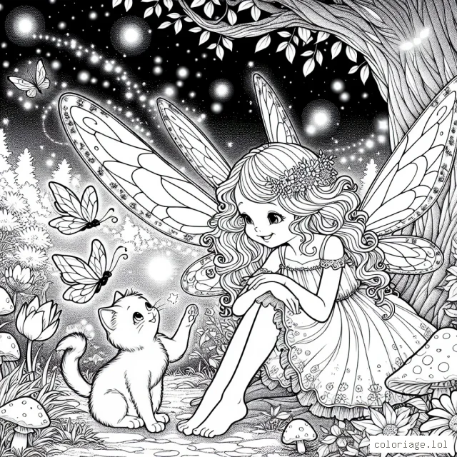 Une jolie fée joue avec son animal compagnon, un chat ailé, dans une clairière éclairée par les lucioles et dominée par un grand arbre étincelant par une belle nuit étoilée. Autour d'eux, des fleurs lumineuses et des champignons magiques créent un environnement féerique. La fée a de longs cheveux bouclés et porte une robe délicate avec des ailes transparentes, tandis que le chat ailé ressemble à un chaton ordinaire avec des ailes de papillon.