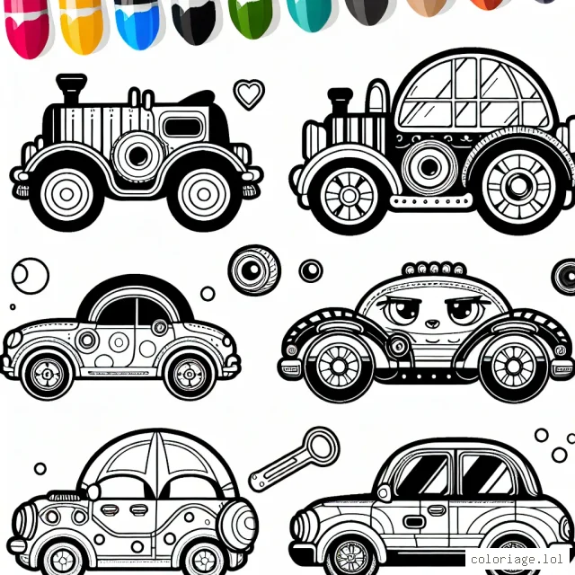 Un bal de voitures distinctes par marques se déroule. Les voitures montrent leur originalité et leurs couleurs uniques qui les distinguent. Les marques sont clairement visibles sur chaque voiture. Exprimez votre imagination en appliquant vos couleurs préférées à ces voitures de marques célèbres!