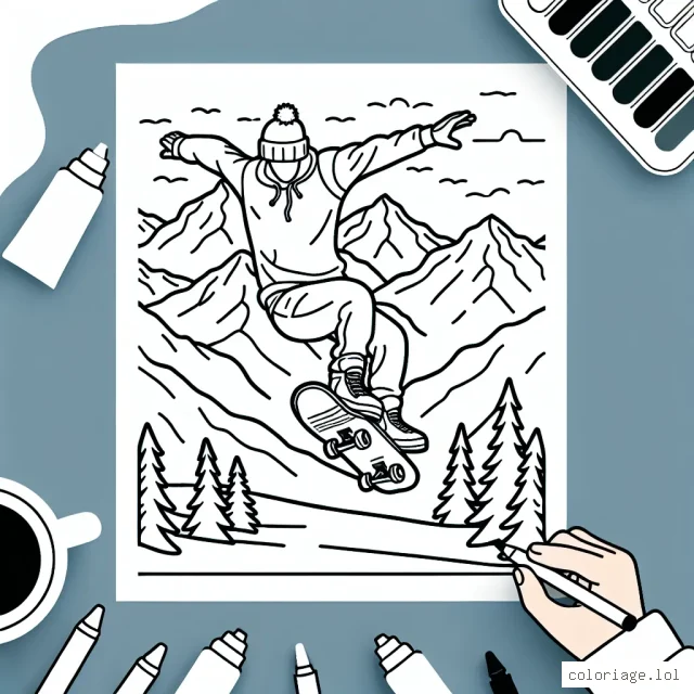 Illustration d'un skater exécutant un trick sensationnel en plein air avec des montagnes en arrière-plan