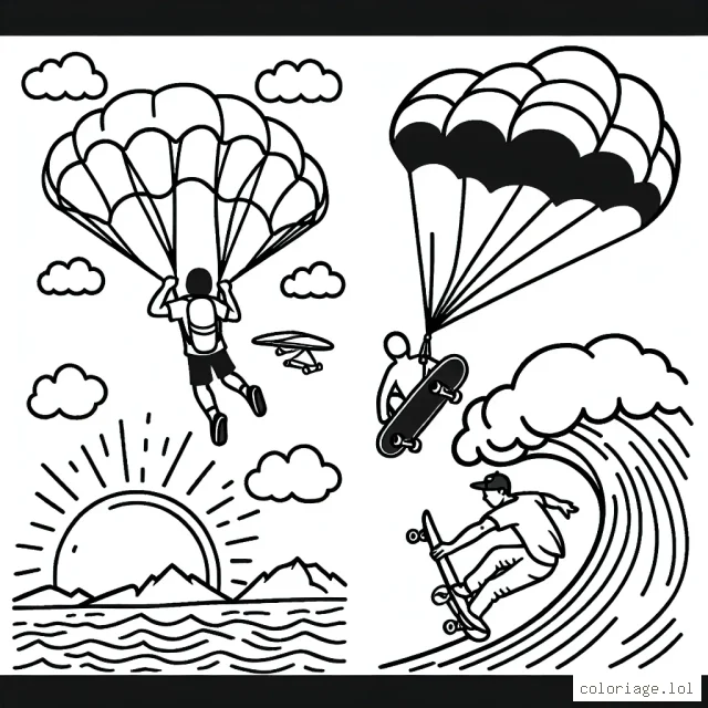 Dessine un parachutiste qui évolue dans le ciel bleu parsemé de nuages, un skateboardeur qui réalise un trick impressionnant sur une rampe et un surfeur qui domine une vague gigantesque.