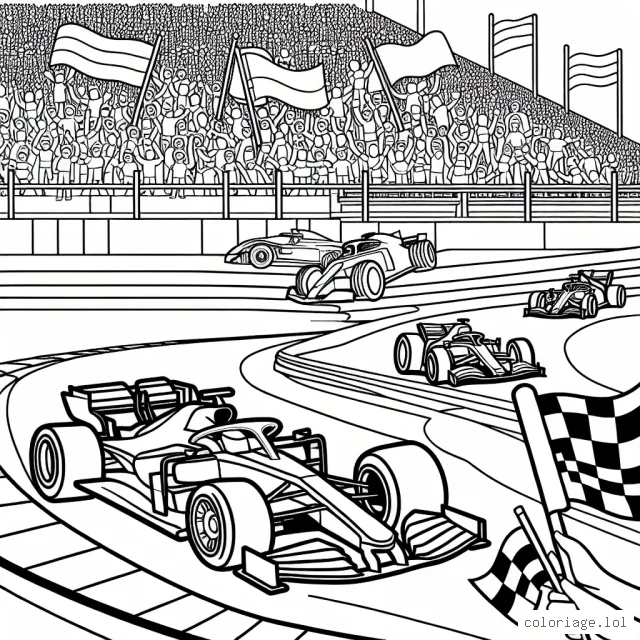 Un dessin de voitures de course ultramodernes en train de courir sur un circuit animé avec des gradins remplis de spectateurs animés et des drapeaux de pays différents flottant au vent.