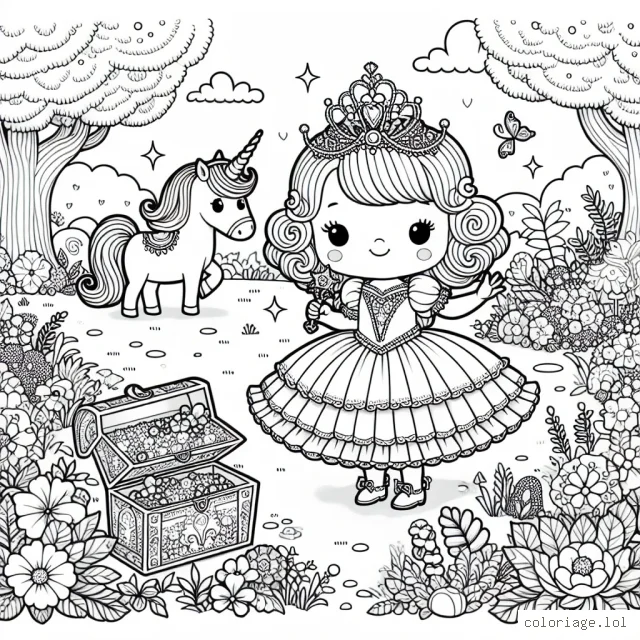 Dans ce dessin, il y a une petite fille royale vêtue d'une belle robe à froufrous. Elle se tient dans son jardin féerique rempli de fleurs éclatantes et d'arbres luxuriants avec une licorne magique. Elle tient une baguette étincelante dans sa main et à ses pieds, il y a un coffre aux trésors débordant de joyaux.