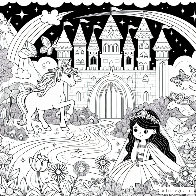 Un château féerique plein de surprises et de personnages merveilleux vous attend. Vous y verrez une licorne radieuse près de la rivière arc-en-ciel, des fleurs dansantes sous la brise douce et un papillon enchanté virevoltant autour des tours scintillantes. Ne manquez pas la princesse sereine accueillant ses invités avec un sourire rayonnant dans la cour illuminée.