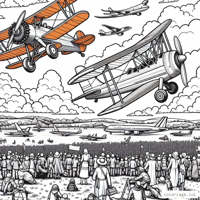 Un dessin représentant un spectacle aérien avec plusieurs types d'avions dans le ciel bleu du milieu de journée, plus précisément : un biplan de couleur orange, un jet moderne de couleur gris, et un avion de ligne commercial de grand taille de couleur blanc. Le ciel est rempli de fluffig nuages blancs, et au sol, on peut voir une foule de gens regardant le spectacle, des collines verdoyantes et des arbres dans le lointain.