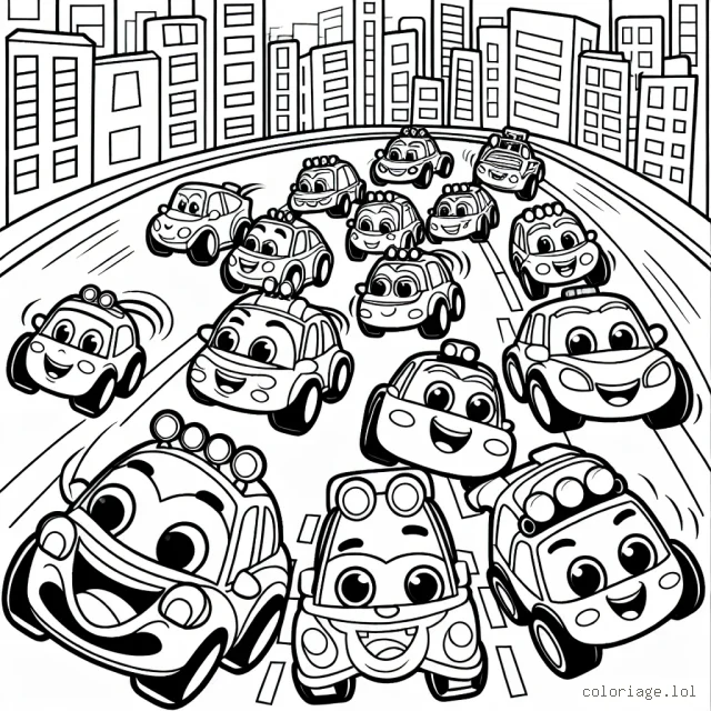 Dessine une course de voitures animées avec des visages souriants en pleine action dans la ville.