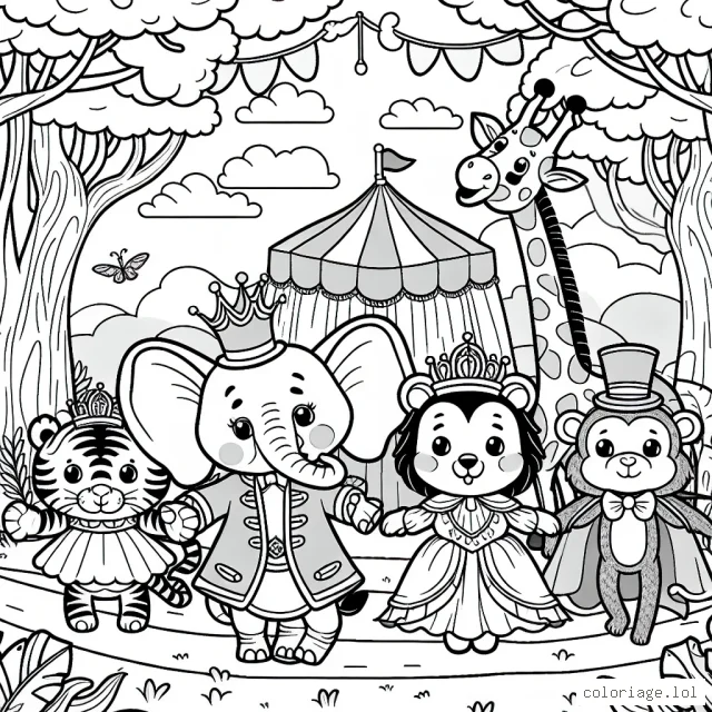 Un carnaval dans la jungle avec des animaux déguisés en personnages de contes de fées
