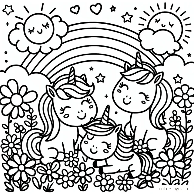 Dessine un espace plein de licornes arc-en-ciel jouant dans un champ de fleurs magiques avec un soleil souriant dans le ciel.
