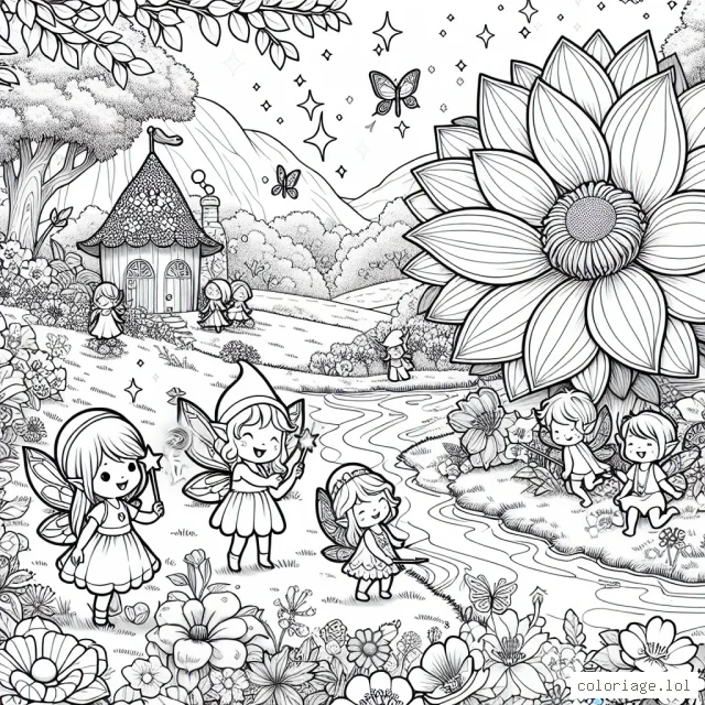 Dans une magnifique prairie remplie de fleurs colorées, un groupe de petites fées s'amusent près d'une rivière scintillante. Elles sourient, certaines tenant des baguettes, d'autres faisant de la magie. À côté, on voit leur maison, une belle fleur géante.