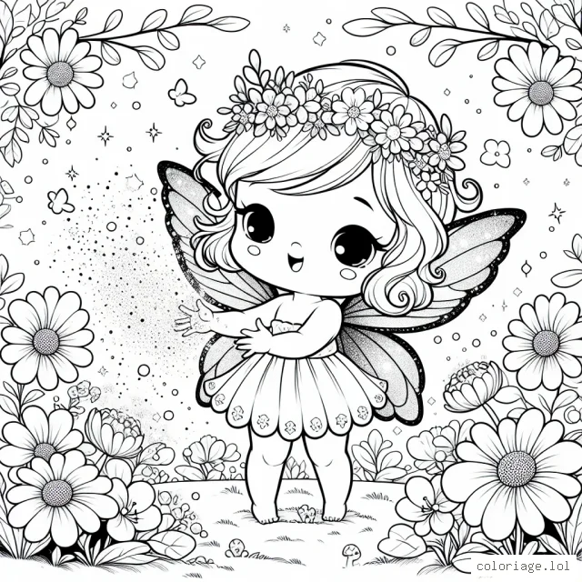 Dans un jardin enchanté, une jolie petite fée avec de grandes ailes scintillantes répand de la poussière magique sur des fleurs en train de s’épanouir.