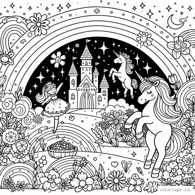 Imagine et dessine un monde féerique rempli de licornes gambadant autour d'un grand arc-en-ciel. Un château étincelant se dresse au loin, entouré de fleurs colorées. Près de l'arc-en-ciel, un trésor se cache, enveloppé de magie. Enfin, dessine une petite princesse très heureuse qui danse avec une licorne.