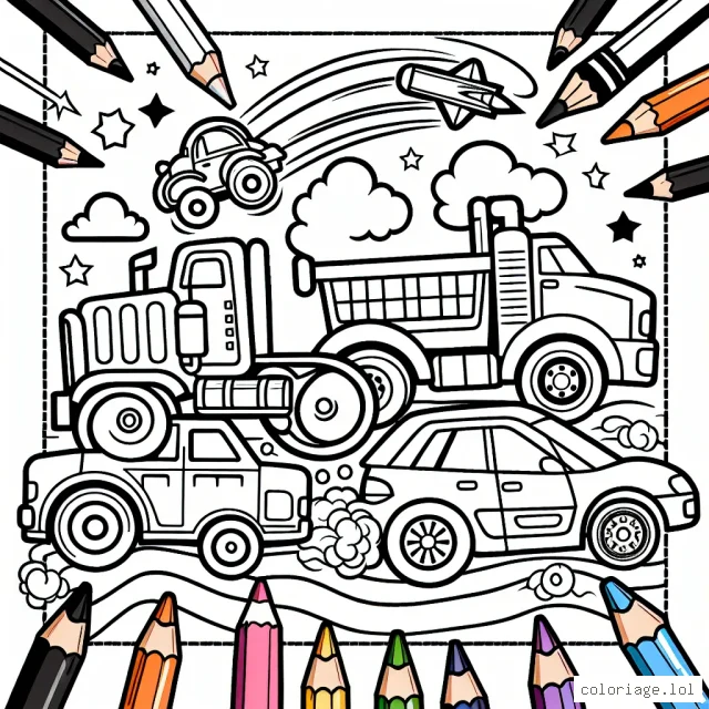 Des véhicules colorés, des voitures vrombissantes, des bolides audacieux! C'est ce que vous coloriez, avec vos crayons préférés, vos couleurs vives et vos créativités débordantes.