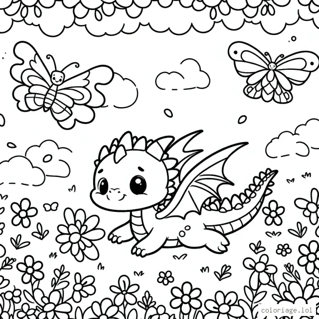 Un petit dragon jouant avec des papillons dans un champ de fleurs