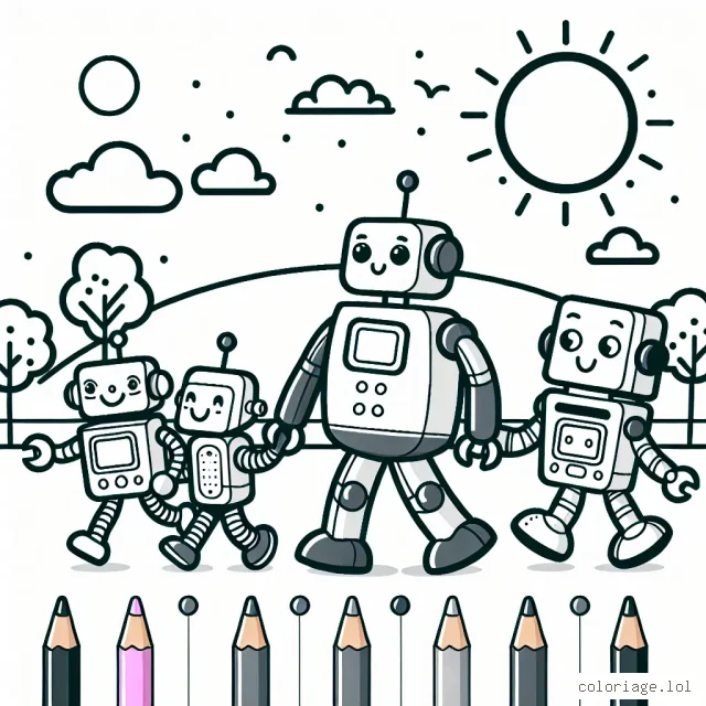 Une image montrant un groupe de robots sympathiques jouant ensemble dans un parc futuriste.