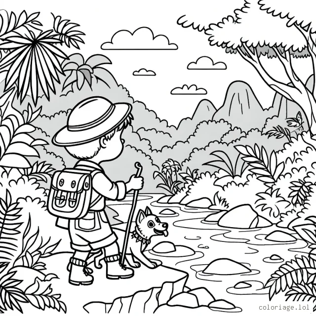 Un jeune garçon explorateur navigue à travers la jungle épaisse avec son fidèle chien. Ils traversent des rivières, montent sur des collines et découvrent des animaux exotiques dans leur parcours.