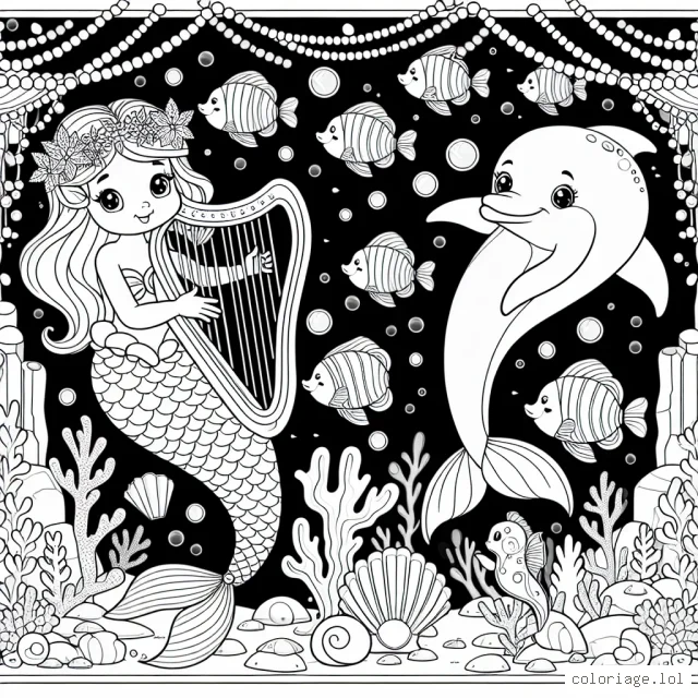 Dessine une douce petite sirène qui joue de la harpe dans un royaume sous-marin lumineux et coloré. Elle est accompagnée de son meilleur ami, le dauphin, et entourée de poissons de toutes les couleurs chatoyantes. Ajoute des coquillages et des perles pour embellir ce royaume féerique.