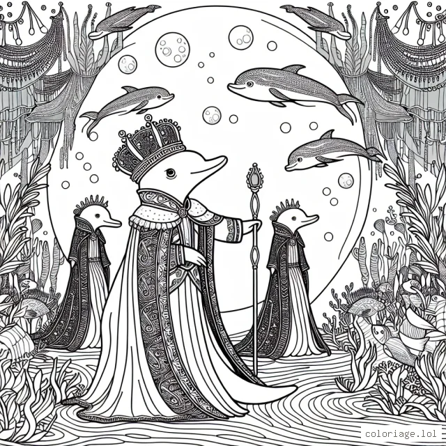 Rejoins-nous dans un monde mystérieux et fantastique de royaume sous-marin. The color le roi-dauphin qui se promène dans son palais sous l'océan avec sa cour de poissons étincelants.