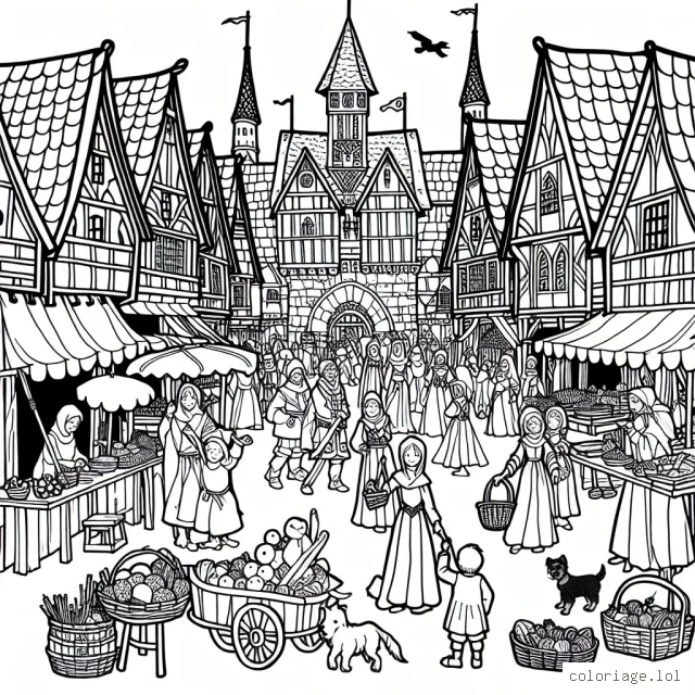 Scène de marché animée à l'époque médiévale