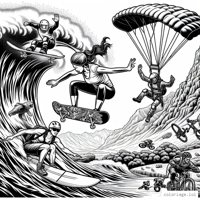 Une scène d'action intense alliant différents sports extrêmes. Au centre de l'image, un athlète effectue une figure aérienne spectaculaire en skateboard dans un half-pipe, tandis qu'un second surfe sur une vague géante sur la gauche. Sur la droite, deux alpinistes grimpent une paroi rocheuse tandis qu'un parachutiste s'apprête à atterrir. Enfin, en arrière-plan, un groupe de VTTistes dévale un sentier de montagne escarpé.