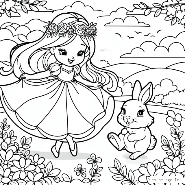 Une jeune princesse danse avec un adorable petit lapin dans un jardin fleuri sous un ciel azure.