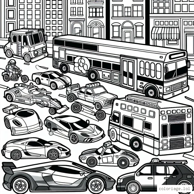 Un paysage urbain avec une variété de voitures de toutes les formes et toutes les tailles. Il y a des voitures de sport, des voitures de courses, des camions, des fourgonnettes, des bus et même des voitures de police et de pompiers.