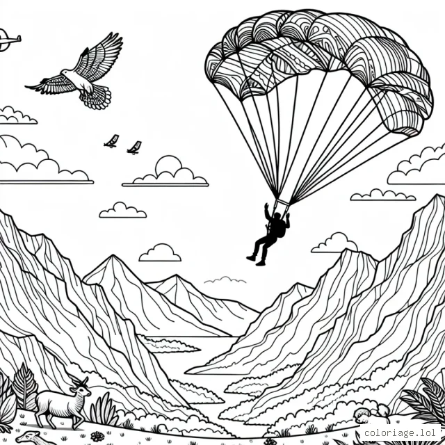 Un athlète faisant du base jumping en pleine nature, avec un parachute diversifié et coloré se déployant, des montagnes imposantes en arrière-plan et des animaux sauvages aperçus à la base de la montagne.
