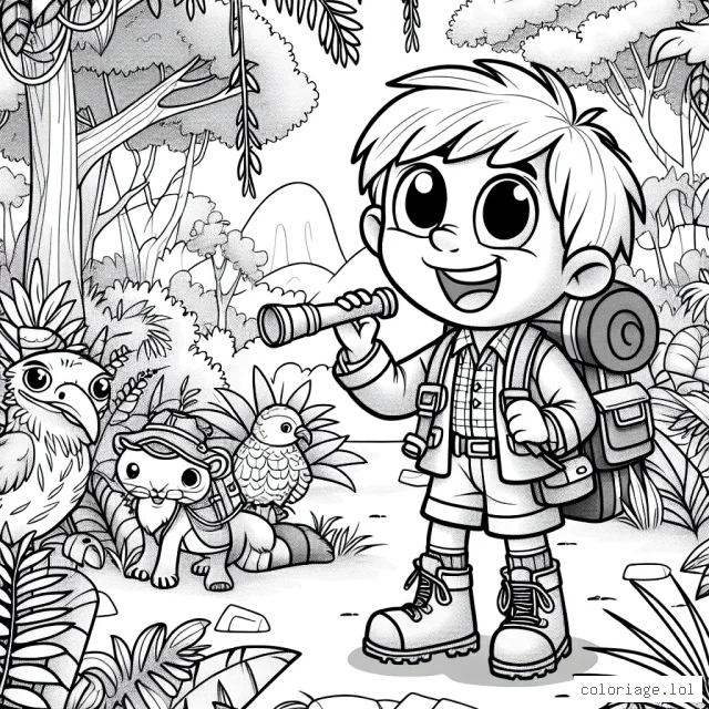 Un petit garçon vif et audacieux joue le rôle d'un explorateur énergique. Il est dans une jungle épaisse avec de nombreux animaux et plantes à colorier. Il tient à la main une longue vue et un sac à dos avec du matériel de camping