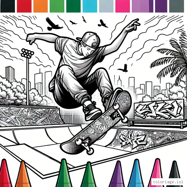 Un skateur faisant une impressionnante figure dans un skatepark urbain, avec en arrière-plan des graffitis colorés.