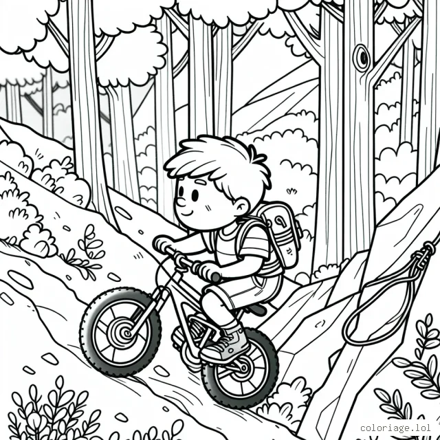 Un jeune aventurier s'élançant dans une descente en VTT, suivant son tracé au milieu d'une forêt dense sur une piste abrupte, avec une corde de rappel attachée à son dos prête pour l'escalade.