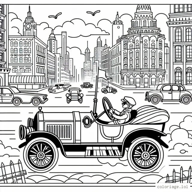 Dessine une course de voitures vintage au milieu d'une ville animée