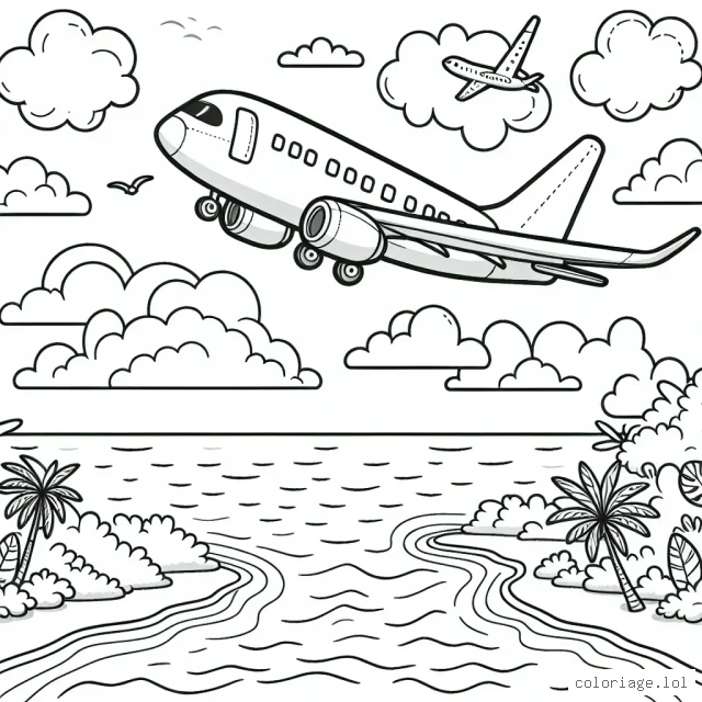 Dessine un avion de ligne dans le ciel, volant au-dessus d'un océan bleu profond avec des îles tropicales en dessous. Ajoute des détails comme des nuages, des oiseaux volant à proximité, et peut-être même un arc-en-ciel.