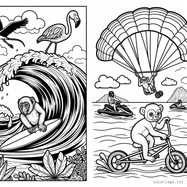 Sur une planche de surf géante, un singe fait du surf sur une vague énorme avec un flamant rose qui parapente au-dessus, pendant qu'un kangourou fait du BMX sur un arc-en-ciel. Au loin, des dauphins font du jet-ski.
