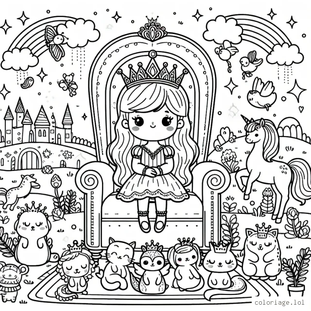 Une petite princesse assise sur son trône royal entourée d'animaux mignons dans son royaume enchanté.