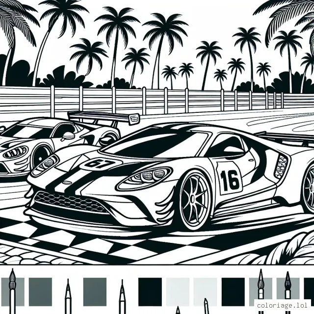 Dessiner une course passionnante de voitures de sport sur un circuit bordé de palmiers avec des pilotes animés par l'esprit de compétition.