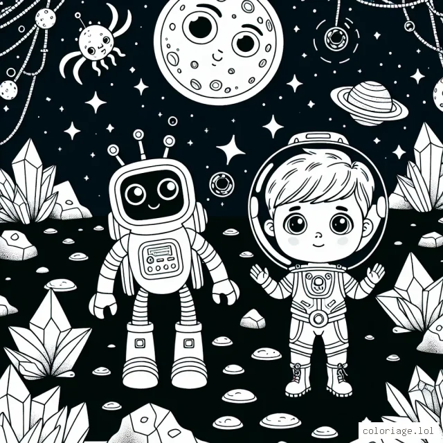 Un petit garçon vêtu d'une combinaison spatiale est en train d'explorer la lune avec son robot compagnon. Ils rencontrent différents types d'aliens et de créatures lunaires tout en découvrant des cristaux lumineux et des plantes extraterrestres