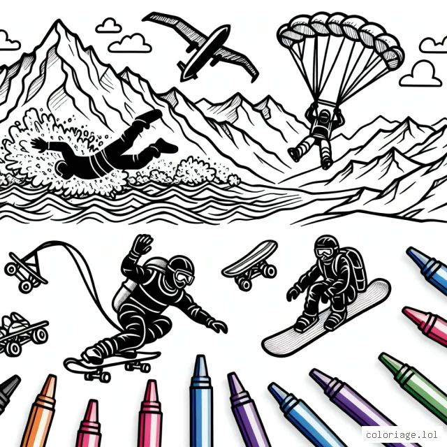 Ton aventure sportive commence ici ! Après un plongeon intense à travers les eaux tumultueuses, tu montes sur le sommet d'une montagne pour sauter en parachute. Tu roules à toute vitesse sur ta planche à roulettes, avant de t'aventurer dans une session de snowboard sur les neiges éternelles. Prends tes crayons et donne vie à ces sports extrêmes.