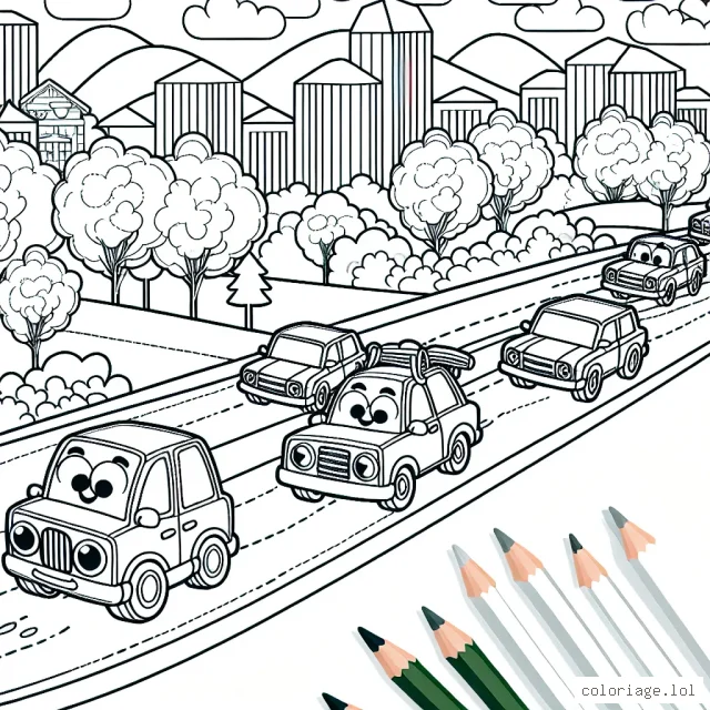Un cortège de voitures animées roule joyeusement à travers les collines verdoyantes et une ville intégralement dessinée sous forme d'esquisse, impatientes d'être colorées par les petits artistes.